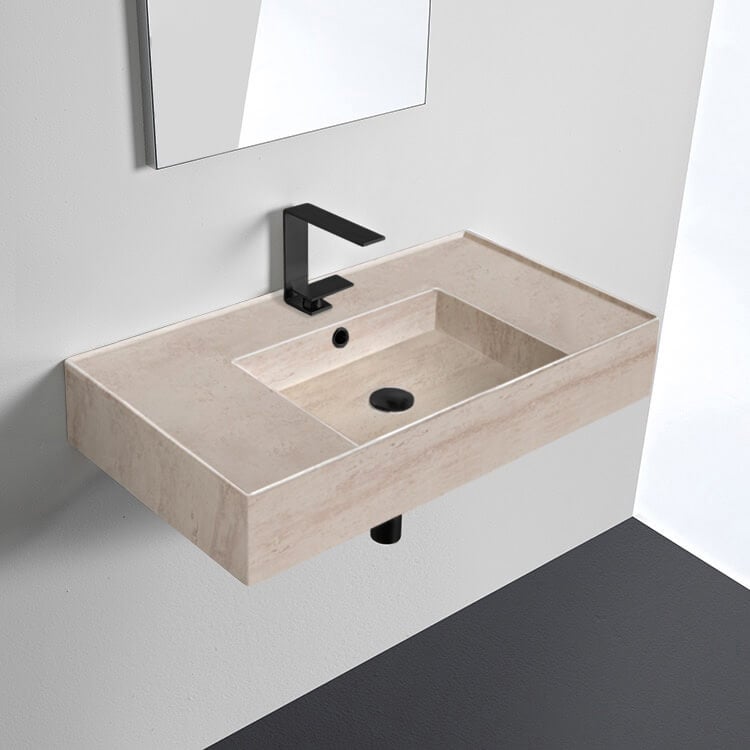 Scarabeo 5123-E-One Hole Beige Travertine Design Ceramic Wall Mounted or Vessel Sink With Counter Space
